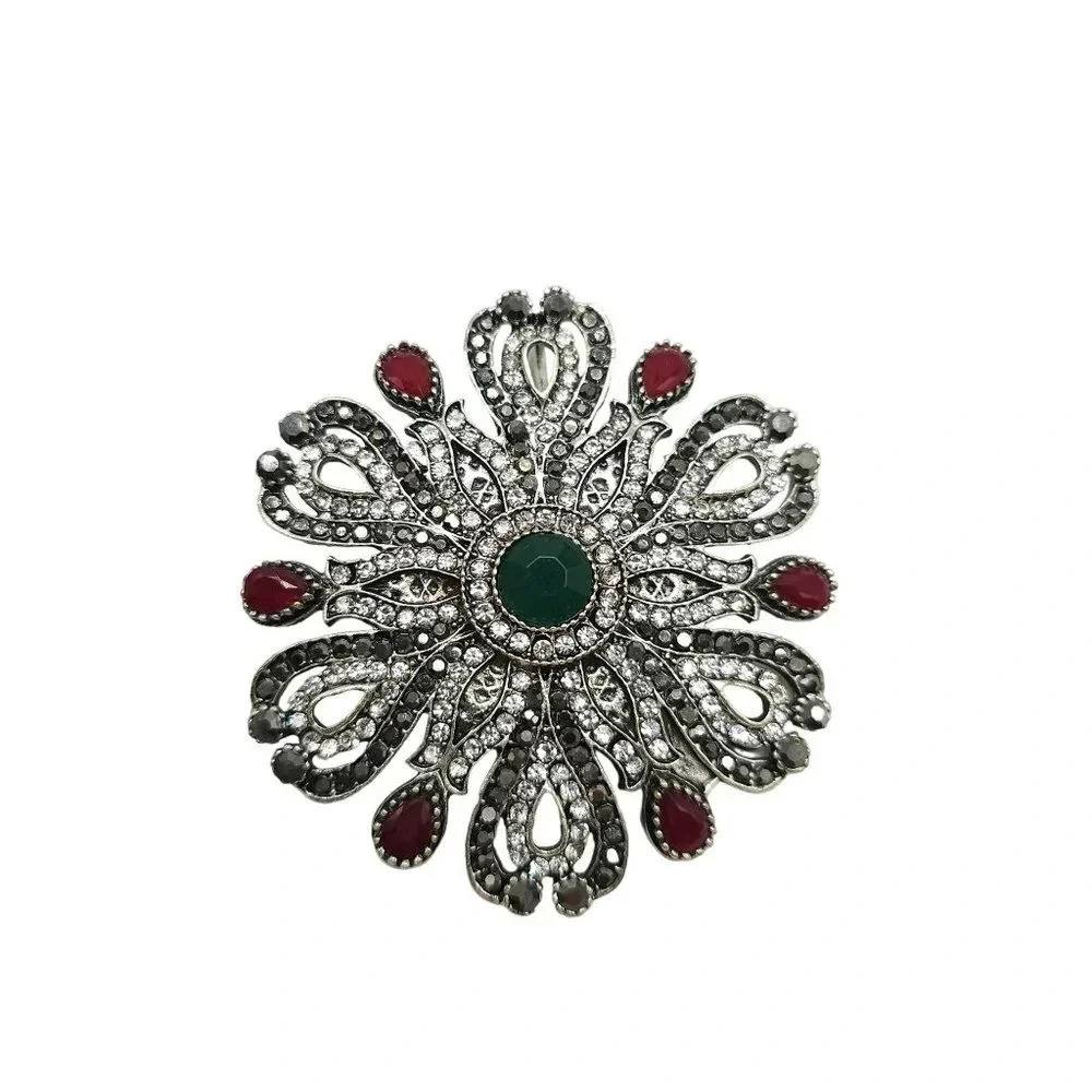 Clear Rhinestones Red Green Stone Flower Openwork Brooch Pin Vintage